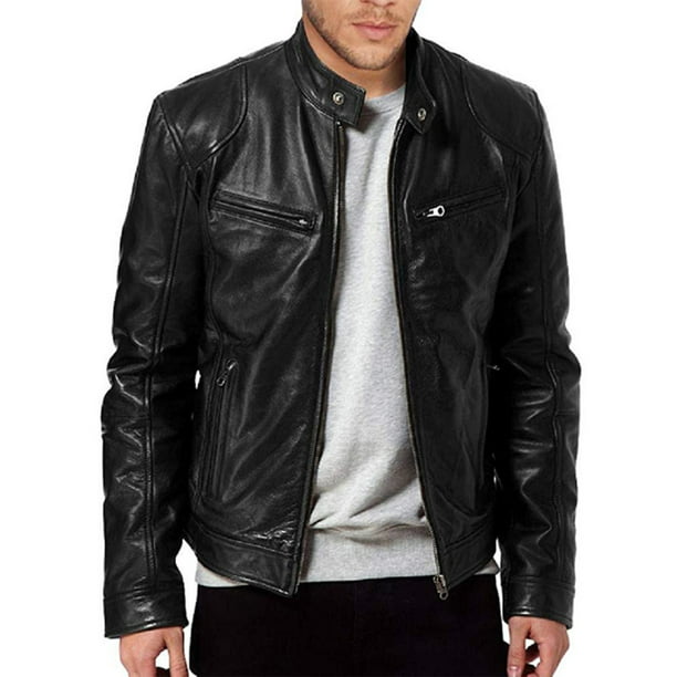 New Men's Slim fit jacket stand collar Biker Motorcycle PU Leather Jacket Black